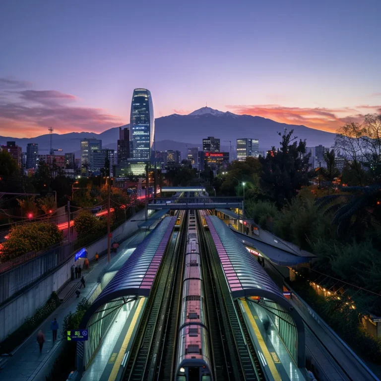 uma vista panorâmica e vibrante do metrô de santiago com destaque para a modernidade das estações, cercada por elementos icônicos como o cerro san cristóbal ao fundo, sob a luz suave do entardecer.