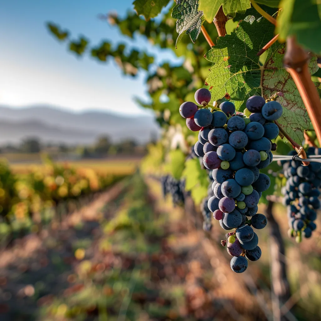 uma vibrante paisagem de vinhedos chilenos ao amanhecer, com uvas maduras pendendo das videiras, enquanto ao fundo se destaca o parque metropolitano sob um céu azul, evocando a experiência de sabores e a tranquilidade da natureza em um dia de março.