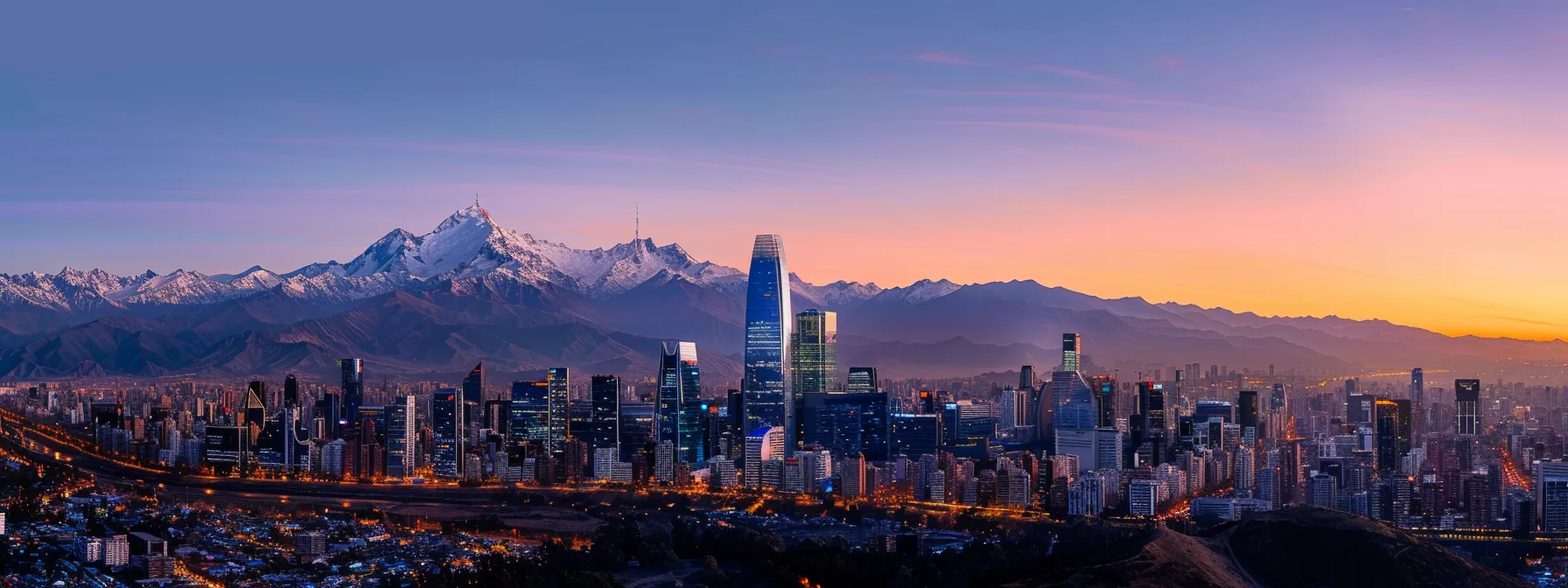 um vibrante panorama da cidade de santiago, com a imponente cordilheira dos andes ao fundo, iluminada por um céu azul claro, simbolizando a conexão entre cultura e natureza no chile.