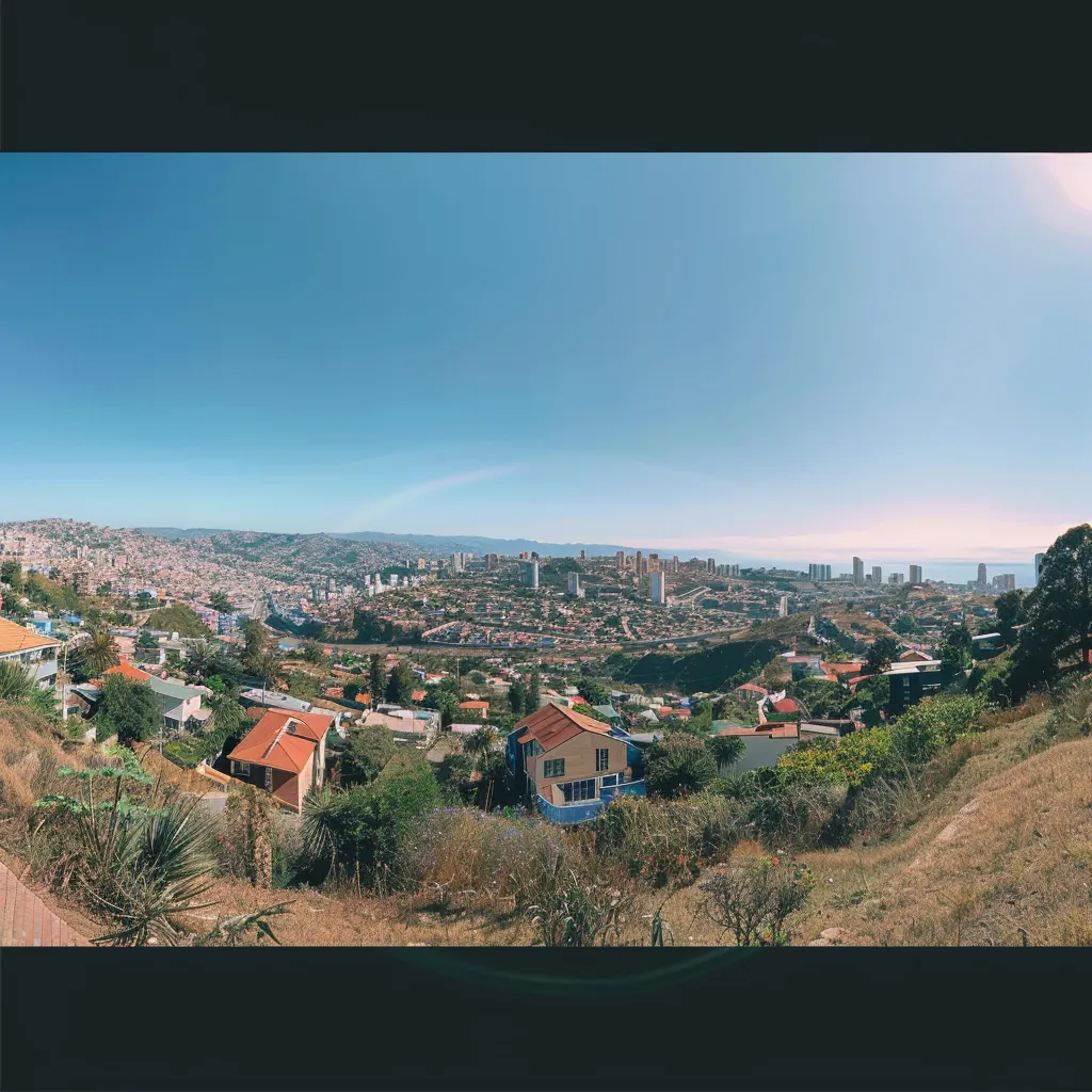 uma vista panorâmica vibrante de valparaíso, destacando suas coloridas casas empoleiradas nas colinas, ao fundo o mar azul de viña del mar sob um céu ensolarado.