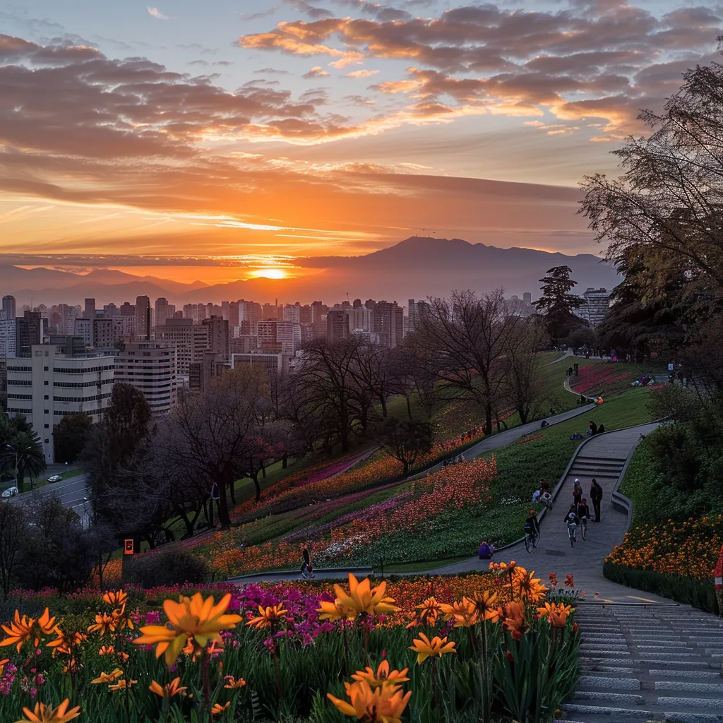 um vibrante pôr do sol se esconde atrás do cerro san cristóbal, enquanto ciclistas e caminhantes desfrutam das trilhas floridas do parque bicentenario em santiago no mês de março.