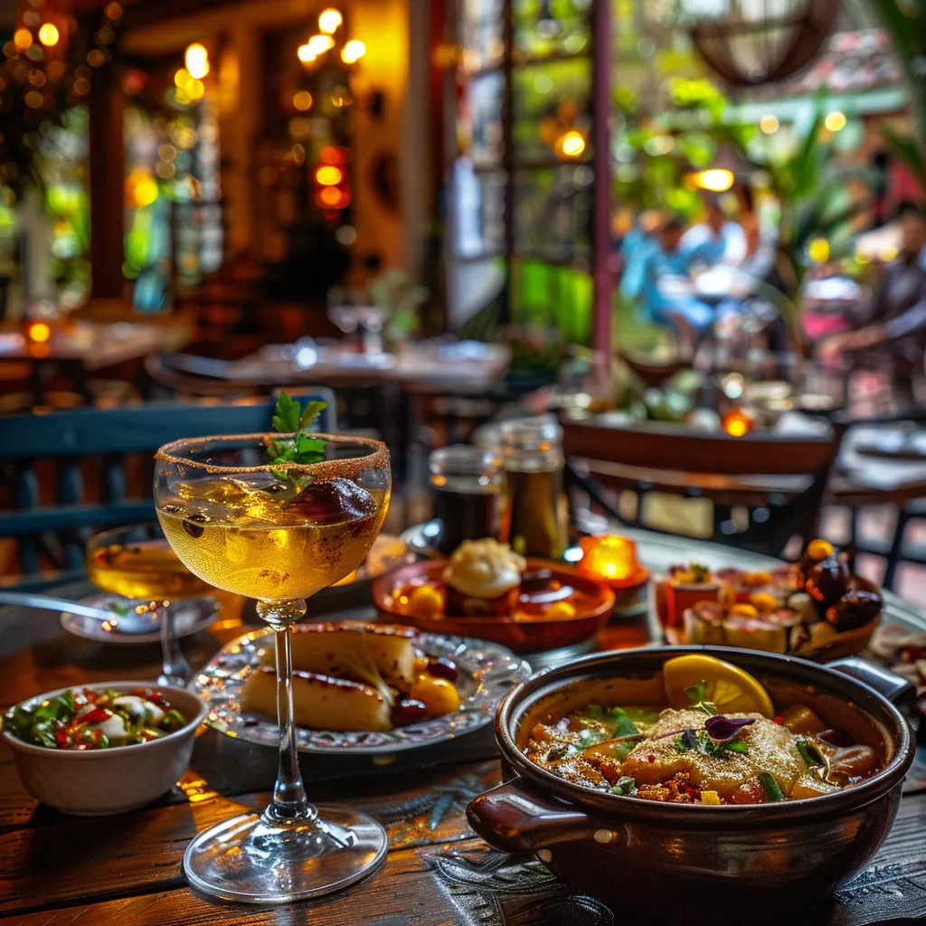uma vibrante mesa repleta de pratos típicos chilenos, como pastel de choclo e um copo de pisco, rodeada por um ambiente acolhedor de um autêntico restaurante em santiago, com luz suave e decorativa iluminando o cenário.