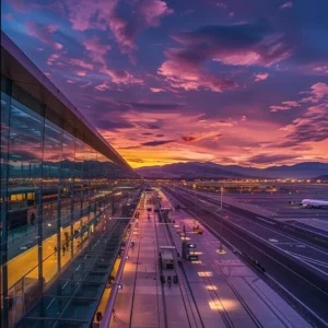 um aeroporto vibrante ao entardecer, com céu dramático, luzes quentes refletindo nas superfícies de vidro do aeroporto internacional de santiago, criando uma atmosfera de movimento e expectativa.
