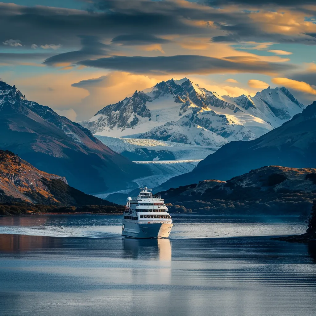 um elegante navio de cruzeiro navega pelas águas cristalinas da patagônia chilena, em meio a majestosas montanhas cobertas de gelo e paisagens deslumbrantes, sob uma luz suave e natural.