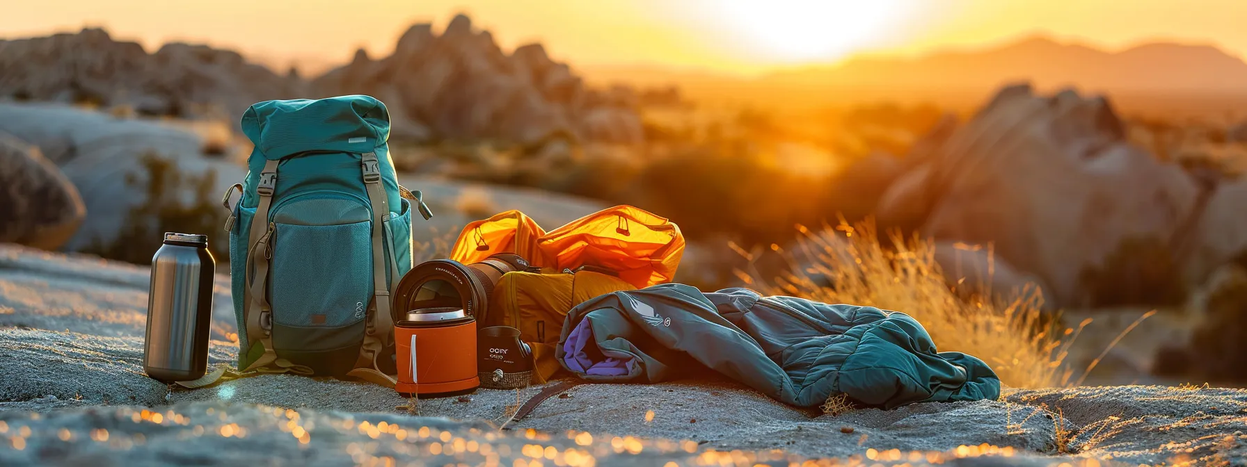 uma bagagem organizada e colorida disposta sobre uma rocha de deserto sob a luz dourada do pôr do sol, com peças de roupas leves, equipamentos fotográficos e itens de hidratação perfeitamente arranjados.