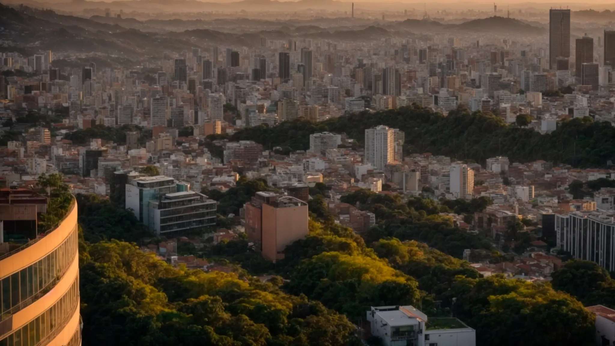 uma vista panorâmica de santiago, destacando um moderno distrito urbano repleto de edifícios sustentáveis e áreas verdes vibrantes, iluminado pela luz suave do pôr do sol, simbolizando o progresso das políticas públicas e o planejamento urbano.