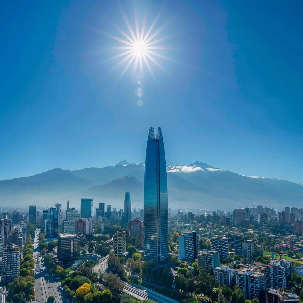 uma vista panorâmica impressionante do centro de santiago em dezembro, sob céus azuis claros, com as majestosas montanhas dos andes ao fundo e marcos icônicos como o cerro san cristóbal, tudo iluminado por um sol radiante de uma tarde de verão, transmitindo a vibrante atmosfera da cidade.