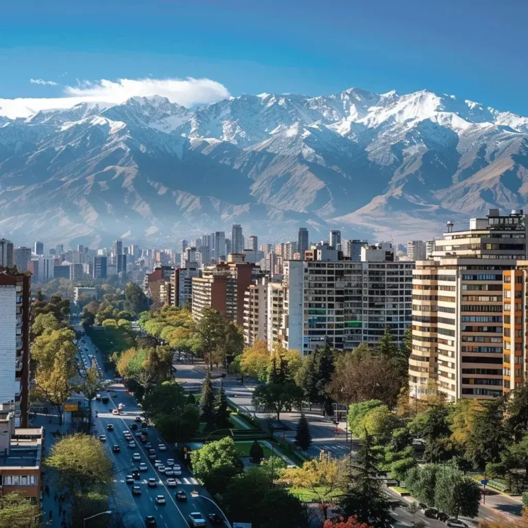 Vista vibrante de Santiago, Chile, com a Cordilheira dos Andes e o horizonte da cidade
