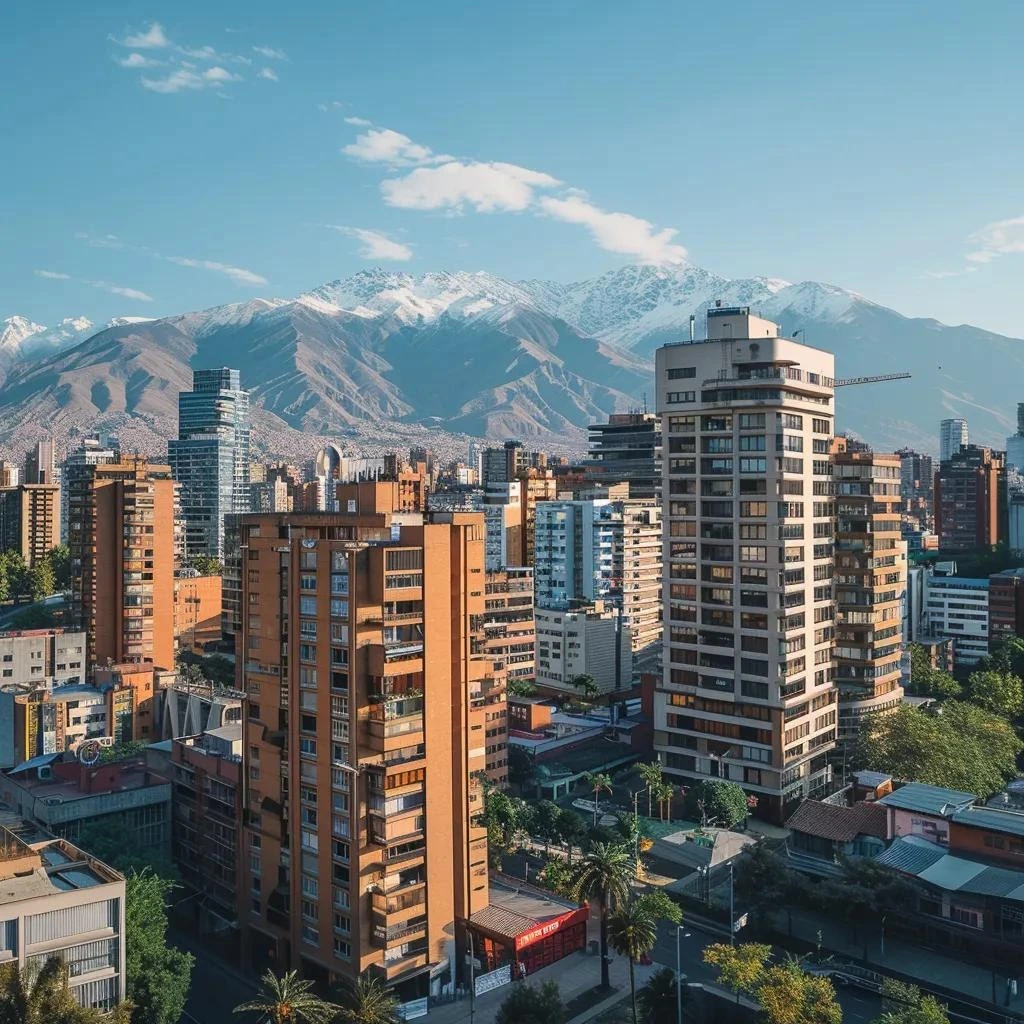 uma vibrante cena urbana de santiago no verão, com céus azul claro, luz solar intensa iluminando edifícios típicos, e ao fundo as imponentes montanhas dos andes sob um calor escaldante, refletindo a energia da cidade.
