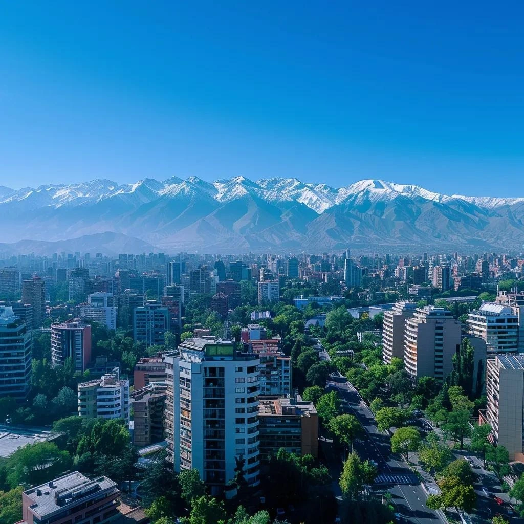 uma vista impressionante de santiago, chile, em um dia ensolarado, com o céu azul emoldurando as majestosas montanhas dos andes ao fundo, enquanto o primeiro plano exibe elementos urbanos como edifícios modernos e árvores verdejantes, capturando a essência climática da cidade.