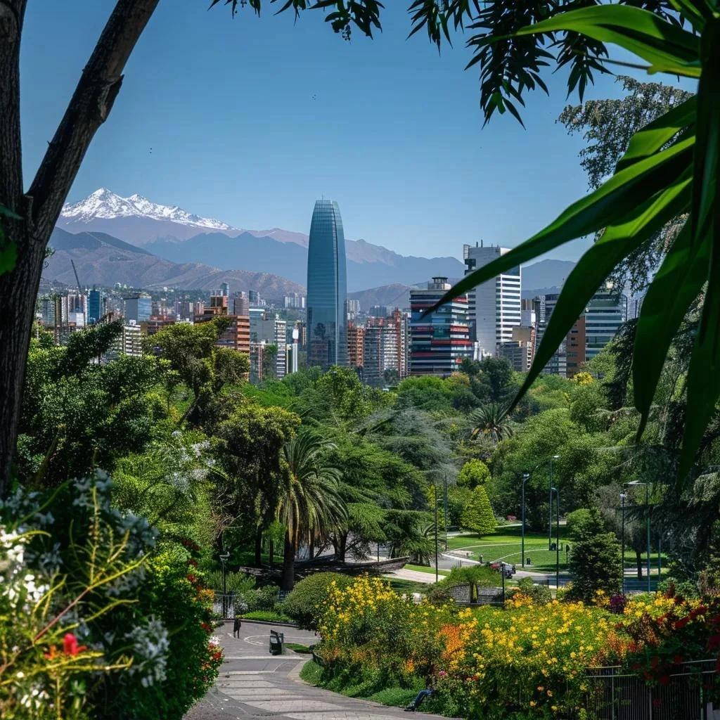 uma vista vibrante de santiago no verão, com o céu azul claro e ensolarado emoldurando a arquitetura urbana típica, enquanto os imponentes andes se elevam ao fundo, criando um cenário que contrasta com a tranquilidade de um parque público ao primeiro plano.