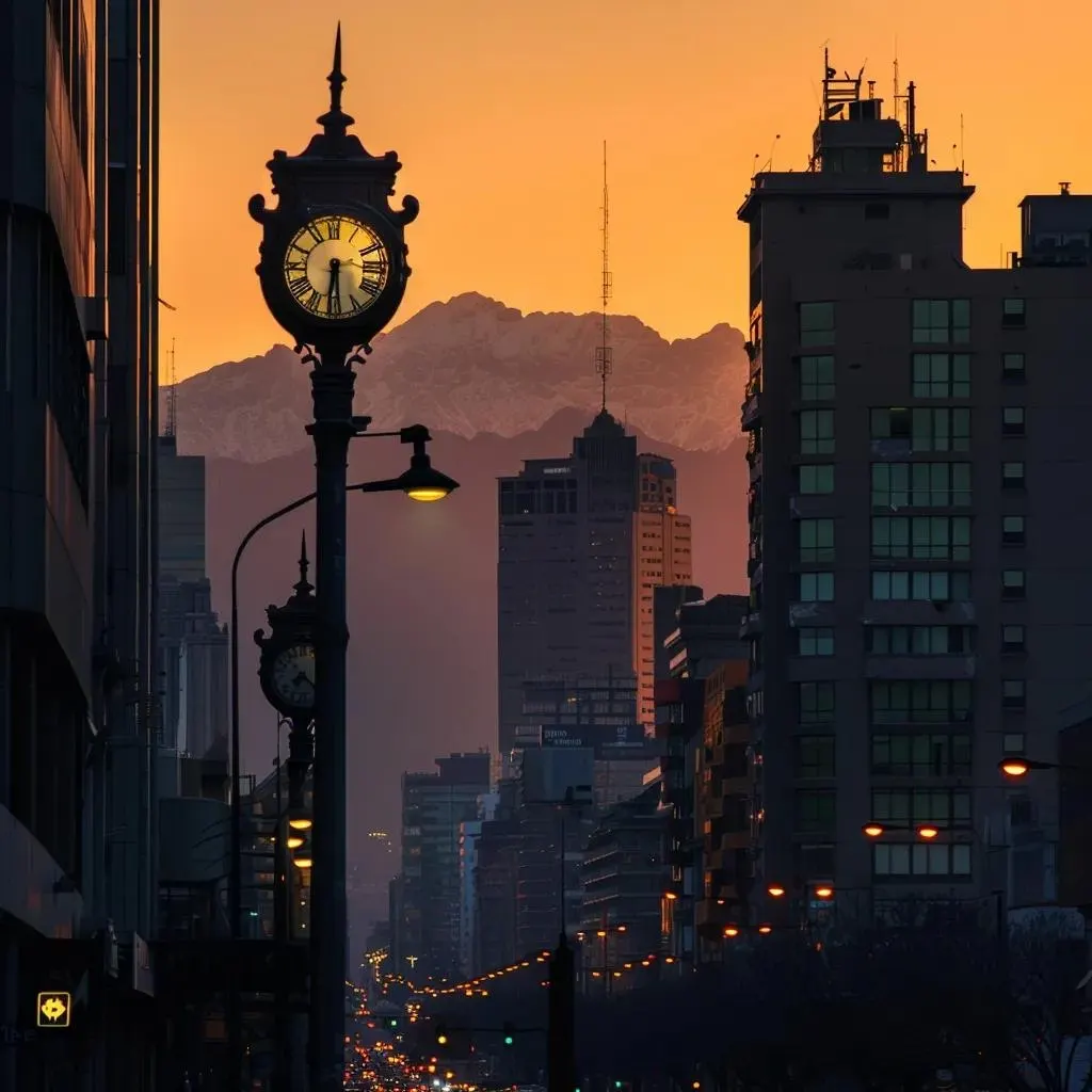 uma cena urbana em santiago, chile, ao entardecer, com um relógio de rua vintage iluminado pelo suave brilho laranja do sol, evidenciando as silhuetas de edifícios e as imponentes montanhas dos andes ao fundo, sem a presença de pessoas, evocando a sensação tranquila e autêntica do tempo na cidade.