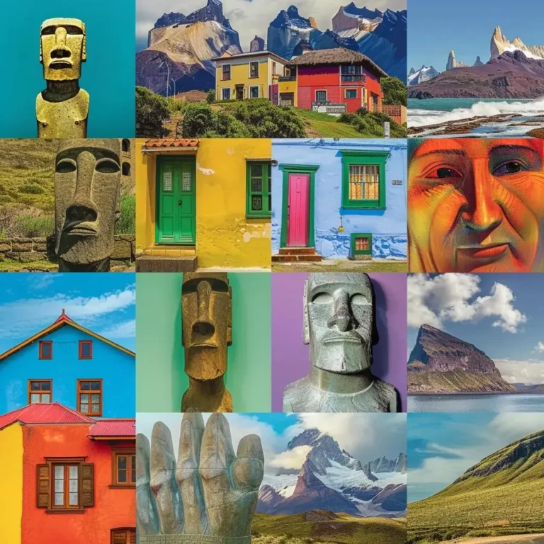 Colagem de pontos turísticos icônicos da fotografia no Chile, incluindo Torres del Paine e Valparaíso