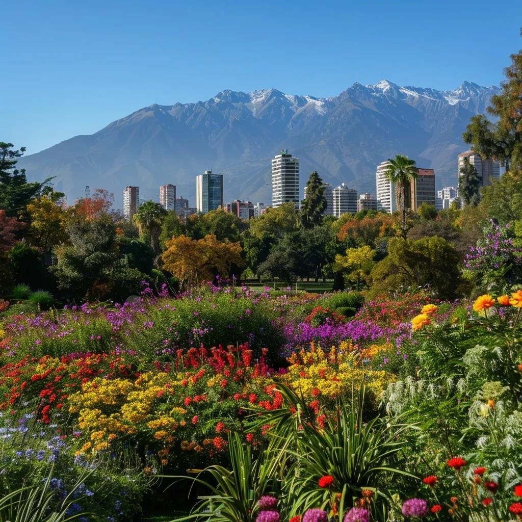 uma vista panorâmica de santiago em novembro, destacando a arquitetura urbana vibrante sob um céu azul límpido, com flores coloridas florescendo em um parque e as imponentes montanhas dos andes no fundo, criando uma atmosfera fresca e acolhedora de primavera.