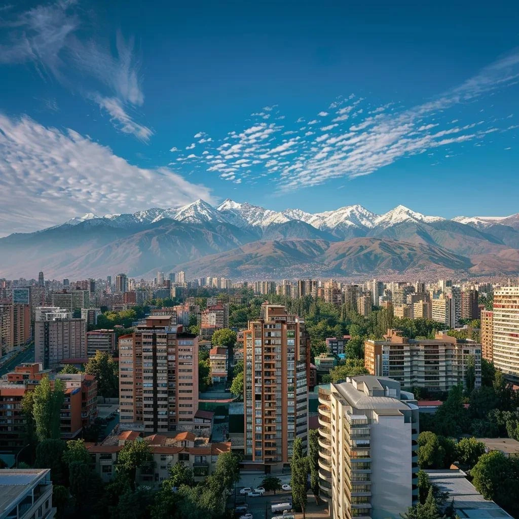 uma imagem vibrante de santiago durante o verão, destacando a arquitetura urbana típica e limpa, com os imponentes andes ao fundo sob um céu azul claro e ensolarado, proporcionando uma sensação acolhedora e convidativa para viajantes em busca de opções de hospedagem.