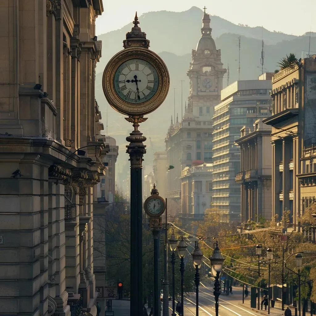 uma cena realista de uma rua de santiago, chile, capturada no final da tarde, destacando um elegante relógio de rua vintage contra um fundo de edifícios urbanos, enquanto os andes se revelam suavemente ao longe, evocando a passagem do tempo na cidade.