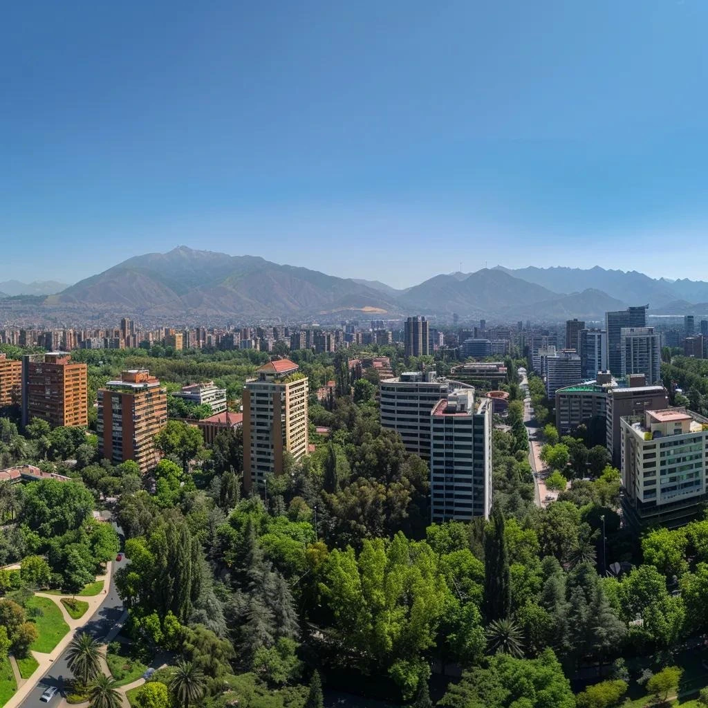uma vista panorâmica vibrante de santiago, chile, durante um dia ensolarado de verão, com céus azul-claros, os majestosos andes ao fundo e arquitetura urbana típica cercada por árvores verdes, transmitindo uma atmosfera calorosa e autêntica.