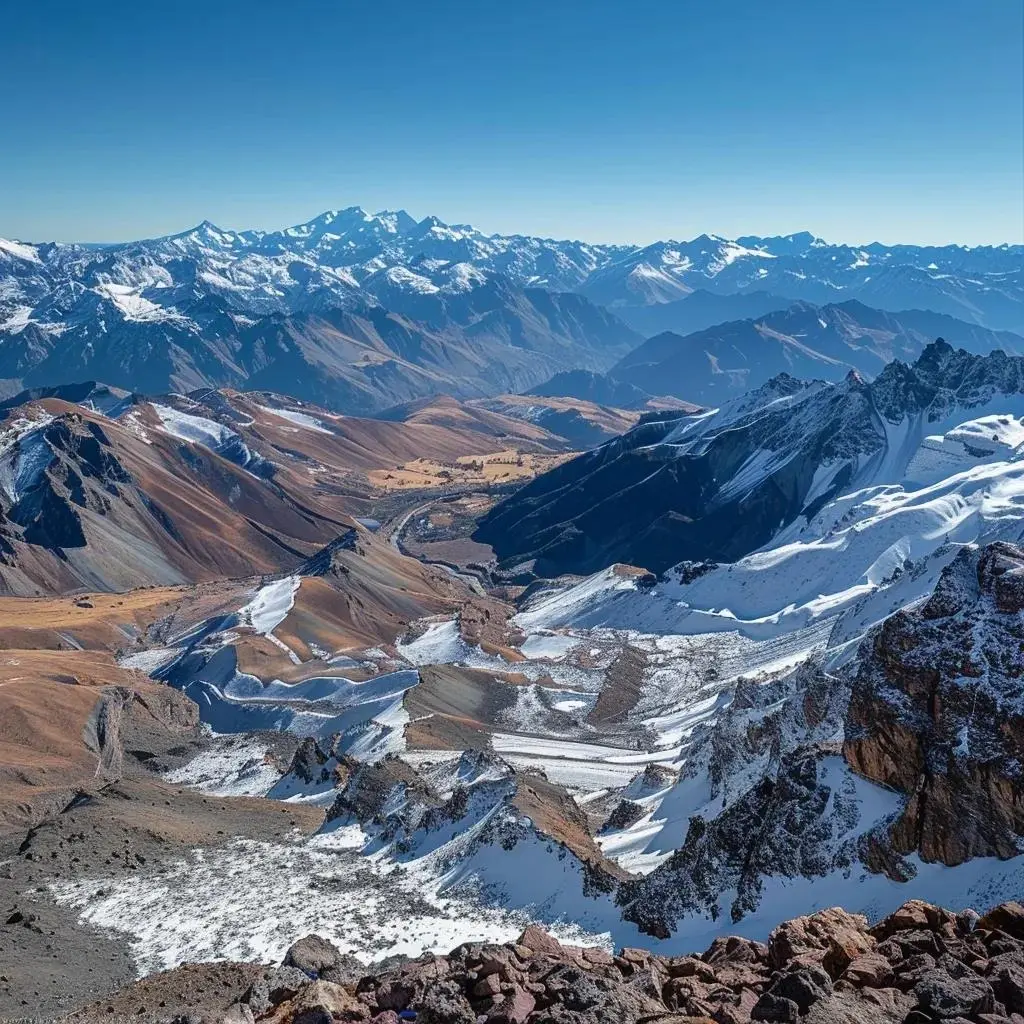 uma vista impressionante de valle nevado em novembro, destacando os picos nevados das montanhas dos andes sob um céu azul claro, enquanto áreas de neve derretida e encostas rochosas revelam a transição serena do final do inverno para a primavera.
