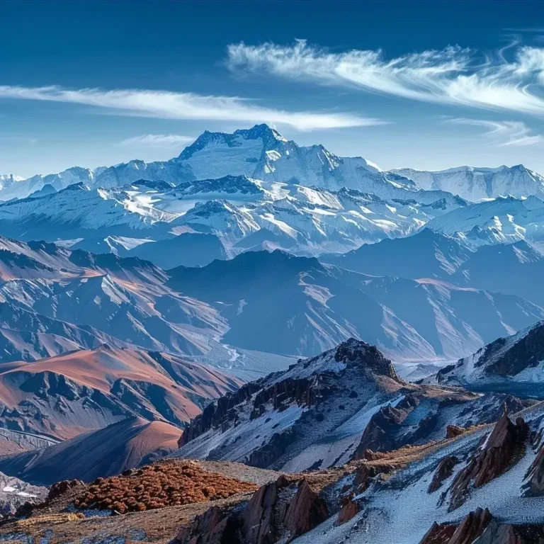uma visão impressionante de valle nevado em novembro, capturando os cumes nevados dos andes sob um céu azul límpido, com áreas de neve derretendo nos encostas rochosas, transmitindo a serenidade do fim do inverno em um ambiente montanhoso remoto e autêntico.