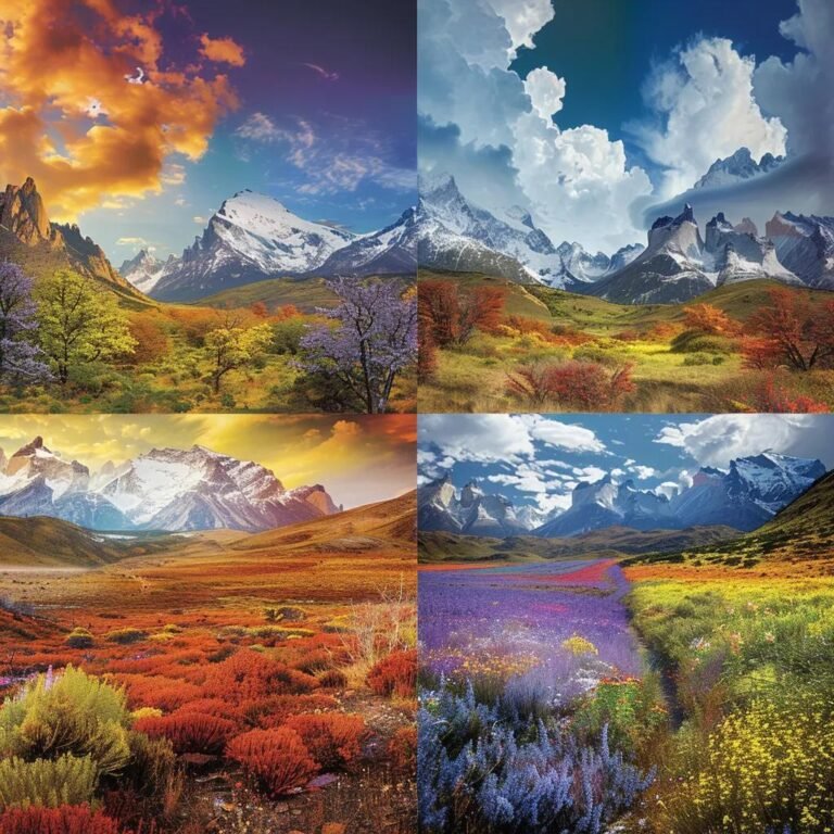 uma colagem visual de alta resolução divida em quatro quadrantes, retratando as estações do ano no chile: um deserto ensolarado e praias para o verão, folhagens coloridas nos vales centrais para o outono, imponentes montanhas dos andes cobertas de neve no inverno, e campos floridos na patagônia para a primavera, todos iluminados com luz natural vibrante.