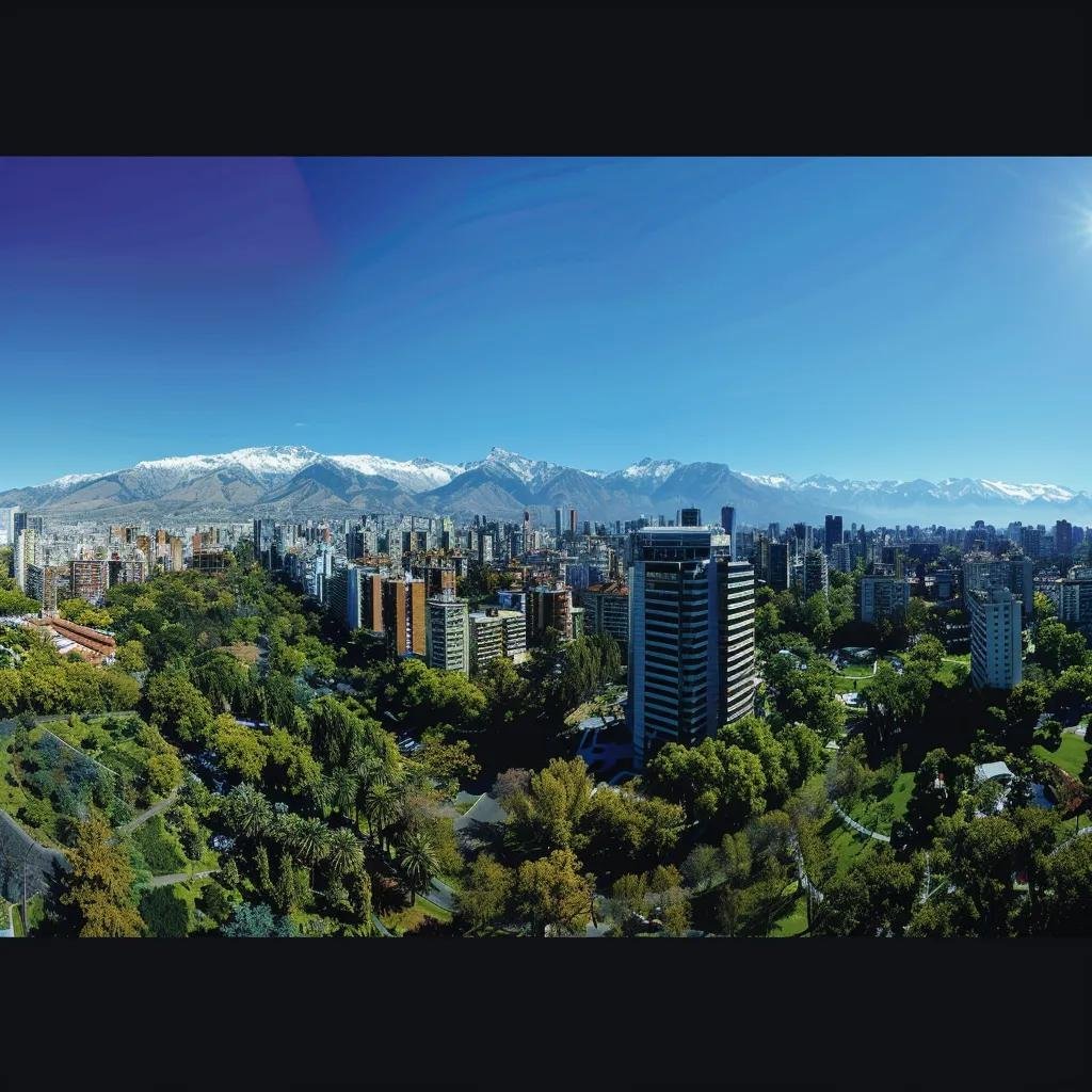uma vista panorâmica de santiago, chile, em setembro, com os imponentes andes ao fundo parcialmente cobertos de neve, destacando ruas urbanas e parques com folhas verdes frescas e suaves flores, sob um céu claro que reflete uma atmosfera acolhedora e vibrante.