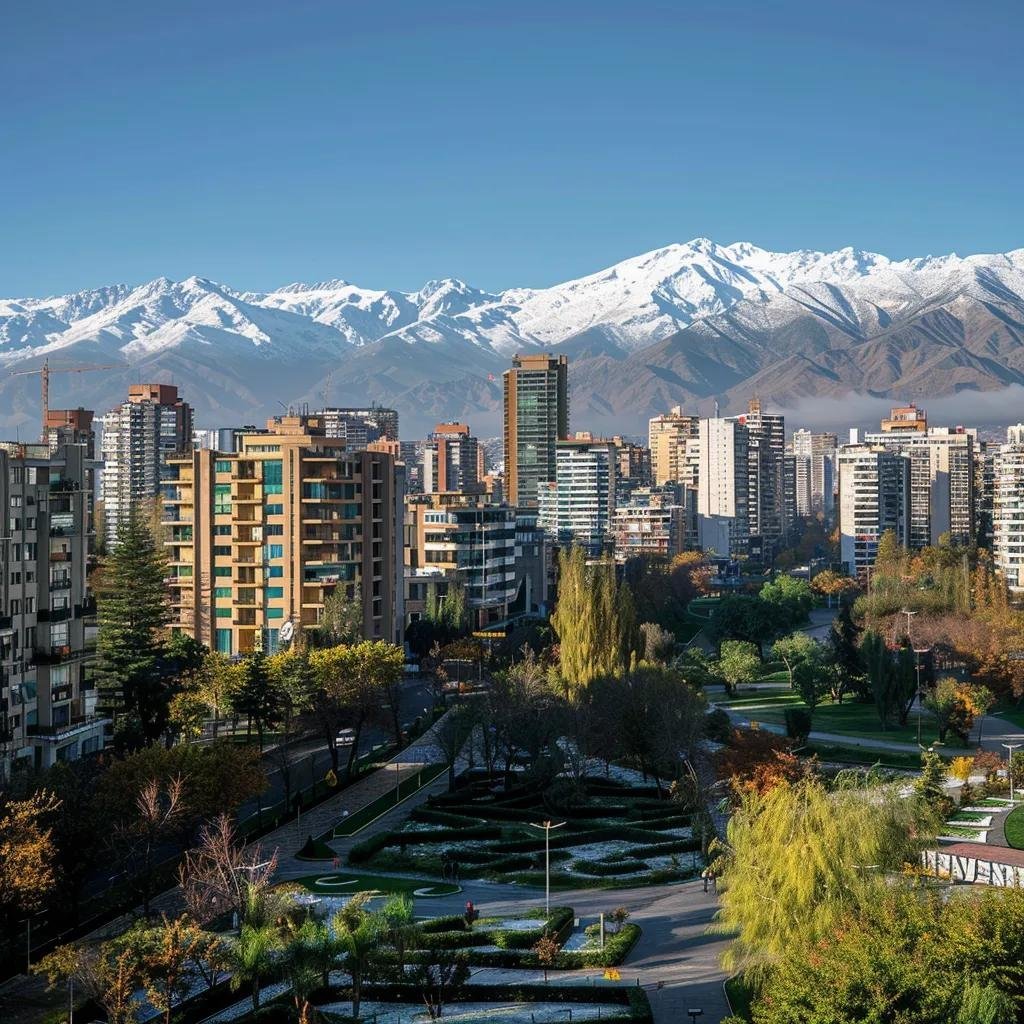 uma vista panorâmica de santiago, chile, em setembro, destacando modernos edifícios urbanos com as majestosas montanhas andes cobertas de neve ao fundo, enquanto os parques e ruas começam a exibir os primeiros sinais da primavera com folhas verdes claras e flores sutis sob um céu limpo e luminoso.