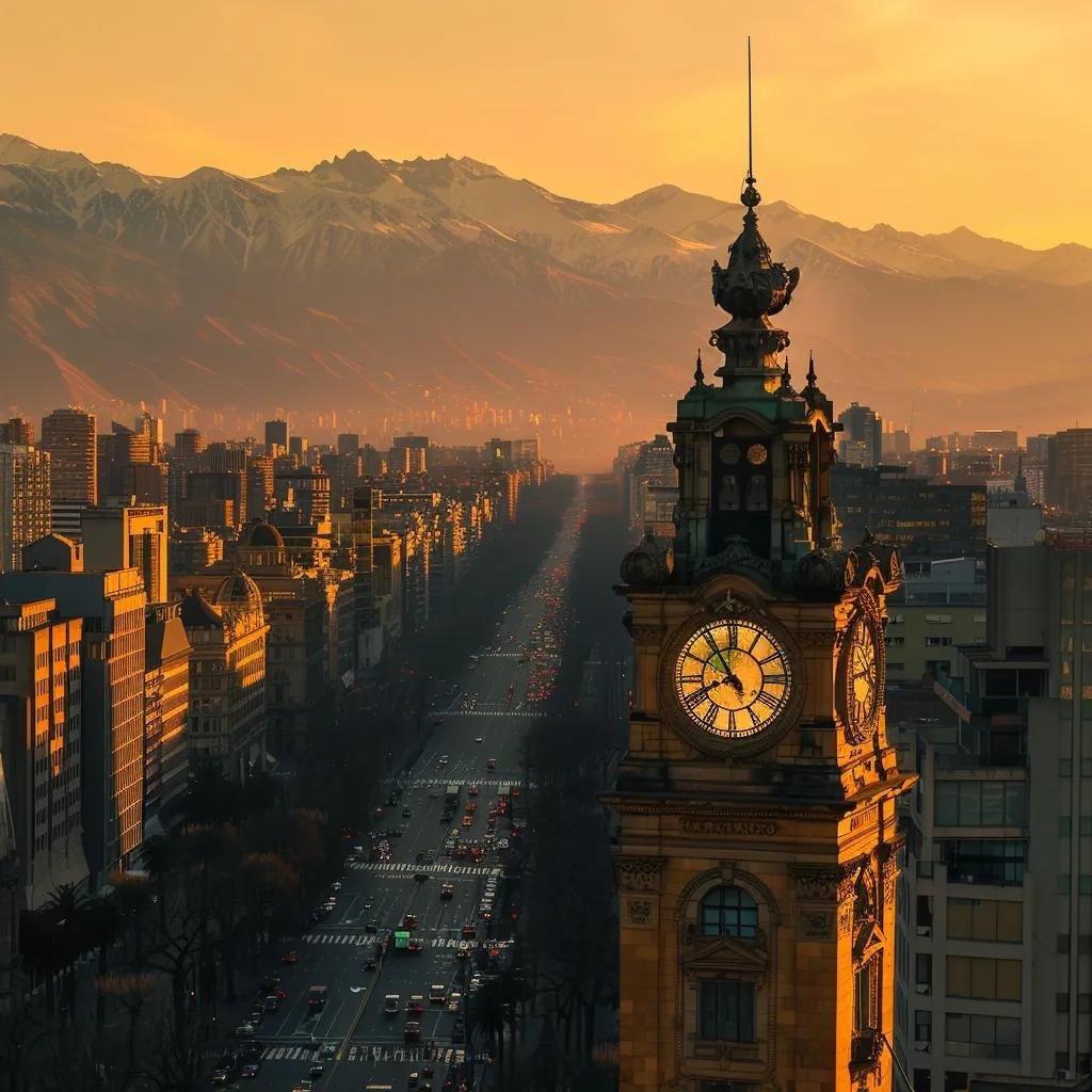 uma vista panorâmica de santiago, chile, destacando um grande relógio em um edifício histórico sob a luz dourada do final da tarde, com as montanhas dos andes ao fundo, simbolizando a importância do horário preciso para turistas e profissionais.