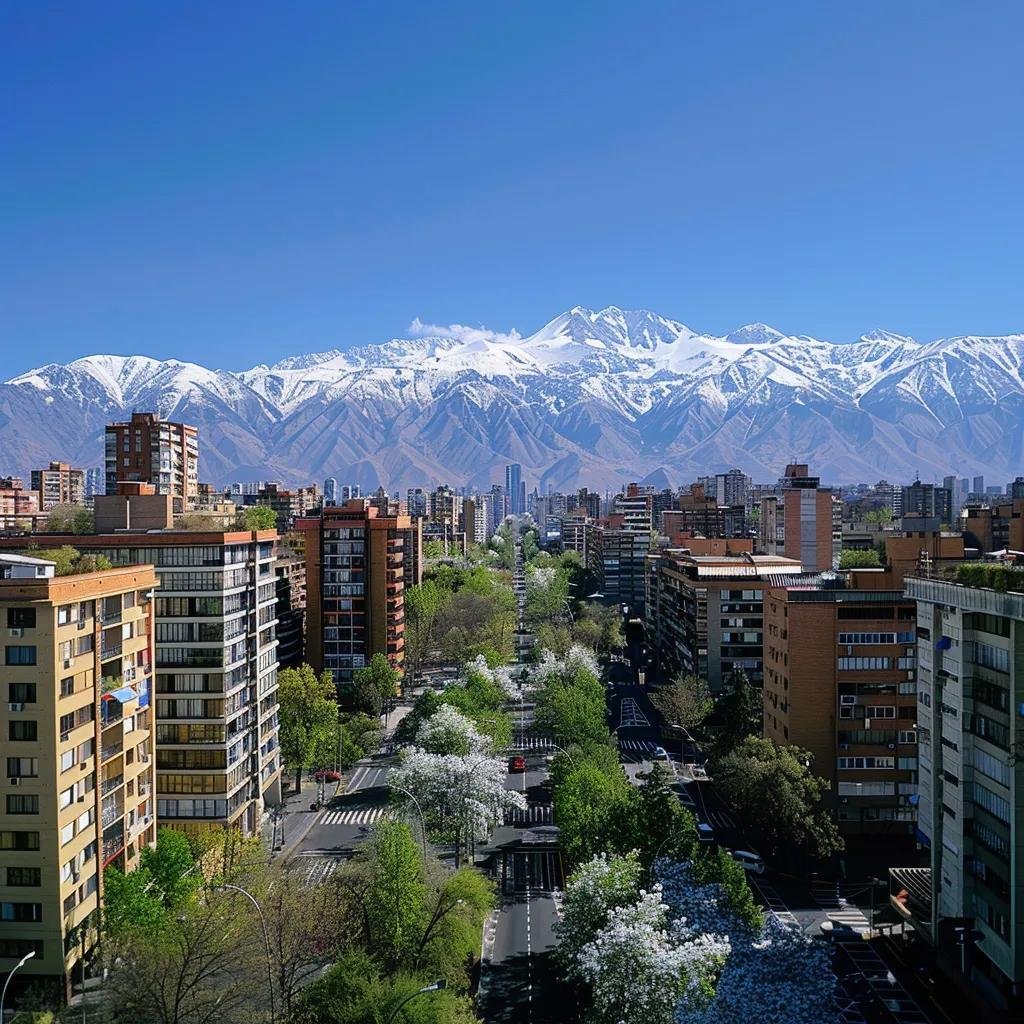 uma vista panorâmica de santiago em setembro, com as majestosas montanhas dos andes cobertas de neve ao fundo, ruas urbanas com árvores começando a florescer com folhas verdes claras sob um céu azul claro e um ambiente vibrante e acolhedor.