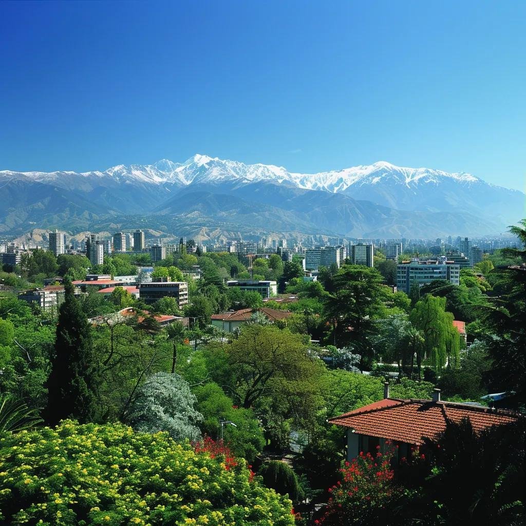 uma vista panorâmica de santiago em setembro, destacando os andes cobertos de neve ao fundo, com ruas urbanas e parques exuberantes mostrando folhas verdes e flores nas árvores sob um céu azul claro, capturando a essência vibrante da cidade no início da primavera.