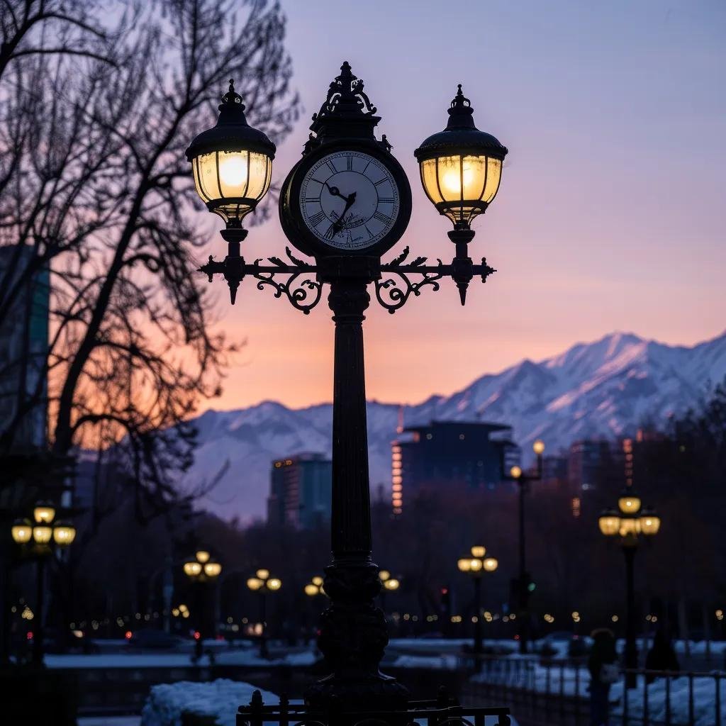 um relógio público em santiago, chile, exibe claramente a hora durante a hora dourada, com a arquitetura urbana ao fundo e as montanhas dos andes se destacando na distância, simbolizando a importância do ajuste de horário no país.