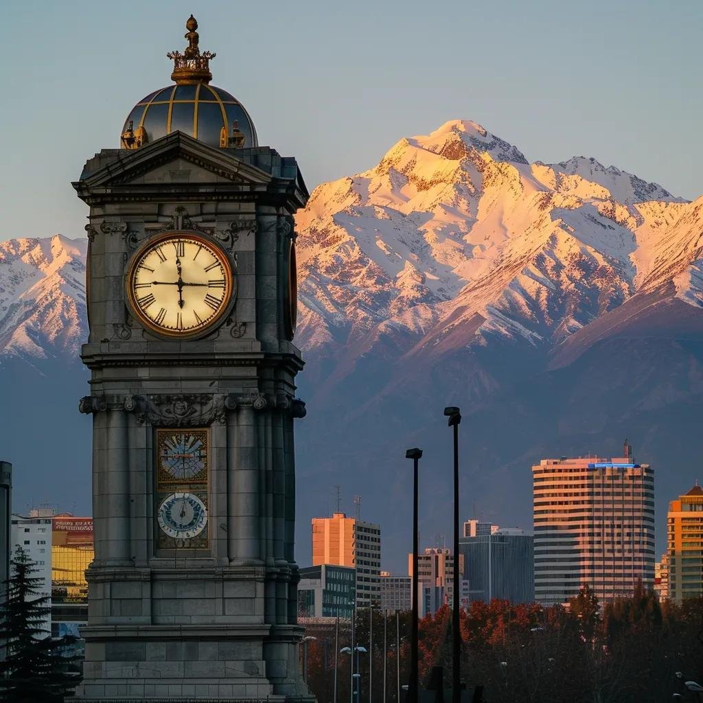 um relógio público ou um display digital de hora em santiago, chile, com a arquitetura local ao fundo e as majestosas montanhas dos andes, capturado durante a hora dourada, simbolizando a conexão precisa entre fusos horários.