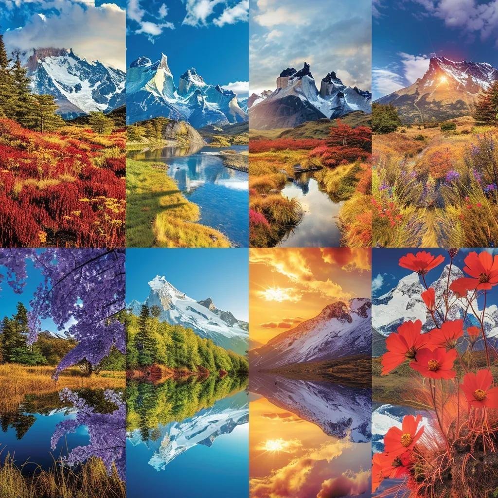 uma colagem realista que divide a imagem em quatro quadrantes, ilustrando as quatro estações do ano no chile: o verão radiante com praias ensolaradas, o outono vibrante com folhagens coloridas nos vales centrais, o inverno marcado por montanhas andinas cobertas de neve e a primavera exuberante com flores em flor nas regiões da patagônia.