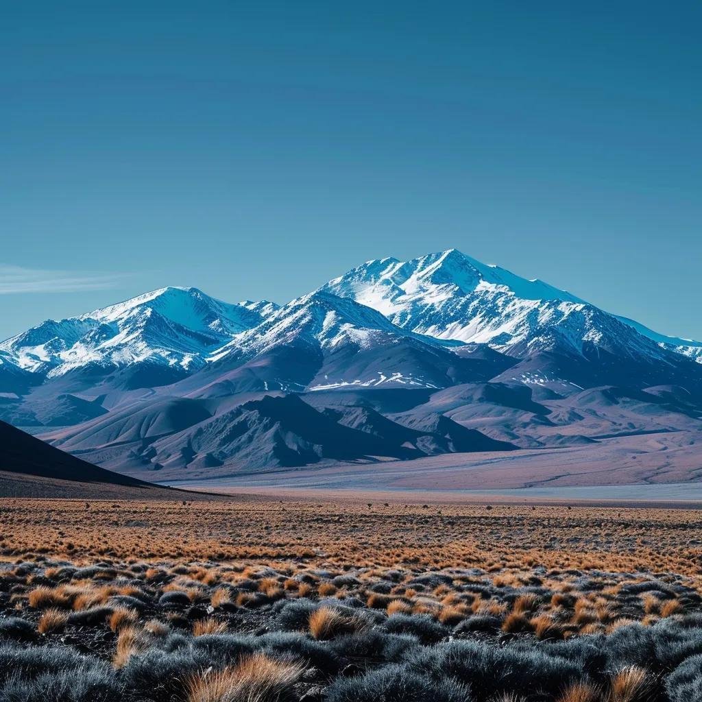 uma composição visual marcante apresenta uma paisagem chilena com o deserto árido em primeiro plano, montanhas dos andes cobertas de neve ao fundo e um céu azul claro acima dos vales centrais, ilustrando os contrastes climáticos extremos do país.