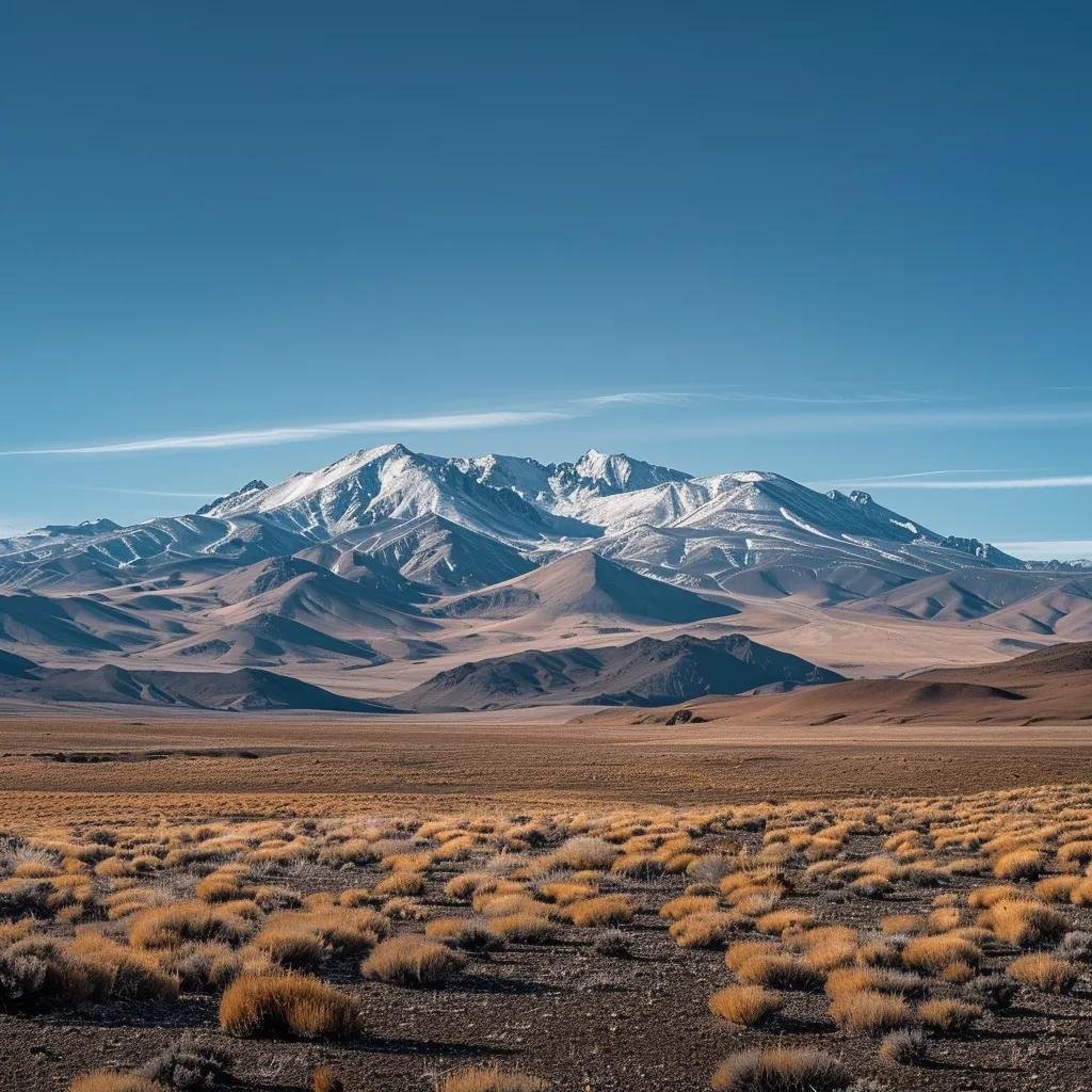 uma paisagem impressionante que captura as variações climáticas do chile, com as montanhas dos andes cobertas de neve ao fundo, um céu azul claro sobre os vales centrais e colinas secas do deserto em primeiro plano, evidenciando a diversidade climática do país.