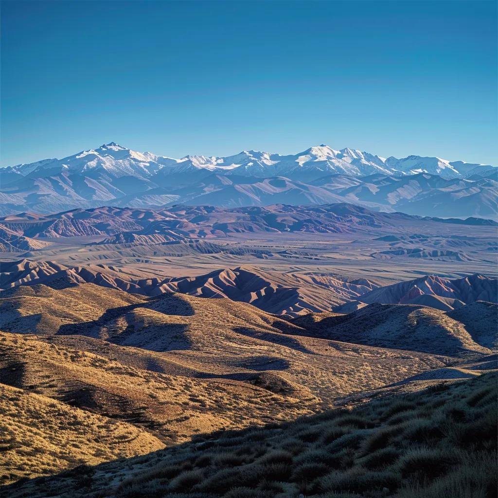 uma paisagem impressionante do chile, capturando as montanhas nevadas dos andes ao fundo, sob um céu azul claro que se estende sobre os vales centrais, enquanto colinas desérticas secas predominam em primeiro plano, ilustrando as drásticas variações climáticas do país.