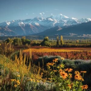 uma paisagem deslumbrante do chile em novembro, exibindo montanhas cobertas de neve ao fundo, vinhedos vibrantes e vales floridos sob um céu azul claro, evocando um clima sereno e inspirador para uma viagem.