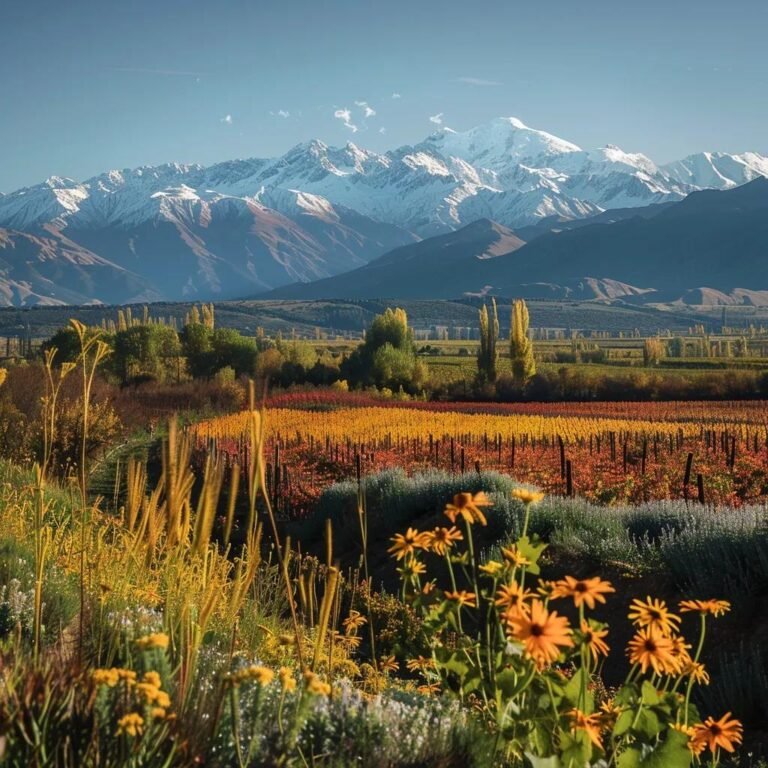 uma paisagem deslumbrante do chile em novembro, exibindo montanhas cobertas de neve ao fundo, vinhedos vibrantes e vales floridos sob um céu azul claro, evocando um clima sereno e inspirador para uma viagem.