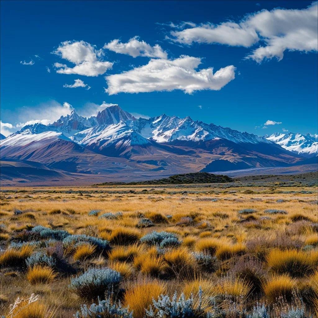 uma paisagem impressionante da patagônia, com os majestosos andes cobertos de neve ao fundo, um céu azul vibrante acima dos vales centrais e colinas áridas no primeiro plano, refletindo as variações climáticas extremas do chile.