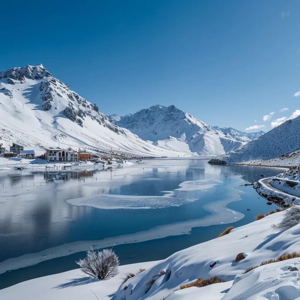 uma vista deslumbrante das montanhas cobertas de neve no chile em julho, com um lago parcialmente congelado à frente e casas adornadas com flocos de neve sob um céu azul claro, capturando a essência do inverno e as experiências turísticas nas paisagens andinas.