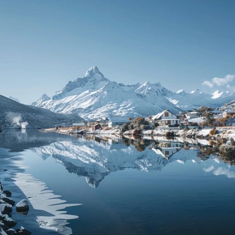 uma vista deslumbrante das montanhas chilenas em julho, com picos dos andes cobertos de neve sob um céu azul claro, um lago parcialmente congelado refletindo a tranquilidade e casas com telhados brancos, evocando um clima de inverno acolhedor e convidativo para turistas.