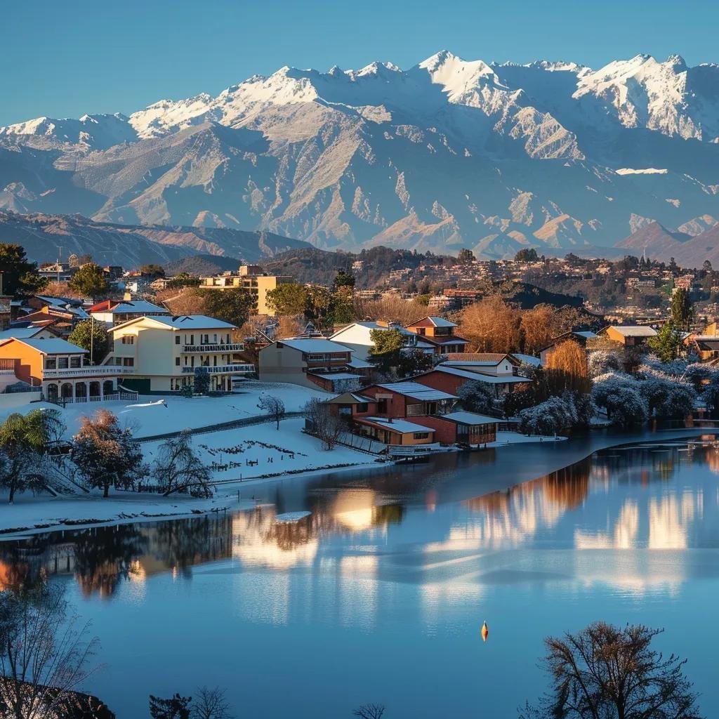 uma vista deslumbrante das montanhas chilenas em julho, com a neve cobrindo os telhados das casas e um lago parcialmente congelado, enquanto os andes se erguem sob um céu azul claro, capturando a essência do inverno e a rica cultura de santiago.