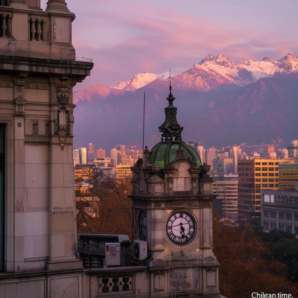 uma vista impressionante da cidade de santiago, no chile, destacando um grande relógio ao ar livre em um edifício histórico, com as montanhas dos andes ao fundo e a iluminação suave do final da tarde, transmitindo a essência do