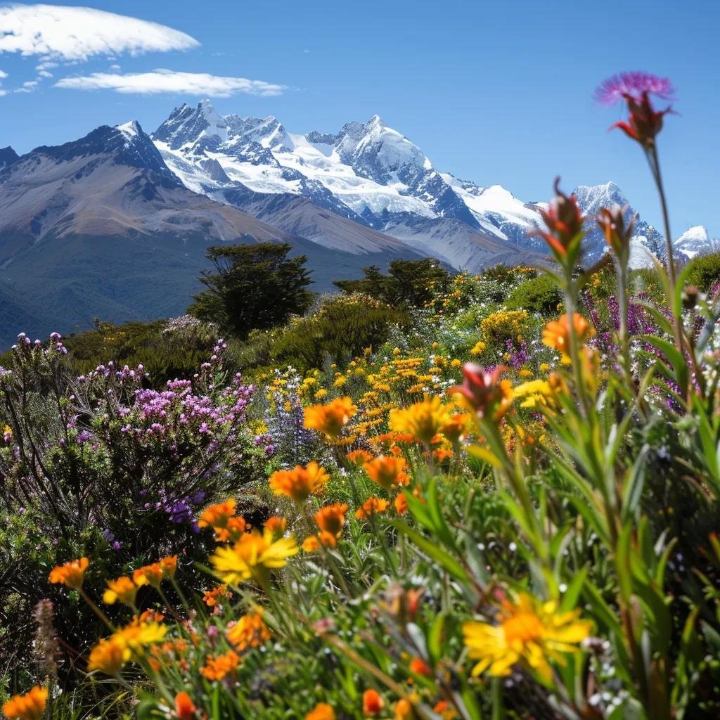 uma vista deslumbrante das montanhas nevadas de chile, com flores nativas vibrantes em primeiro plano e um céu claro e azul ao fundo, capturando a essência da primavera e inspirando a exploração cultural e de aventura.