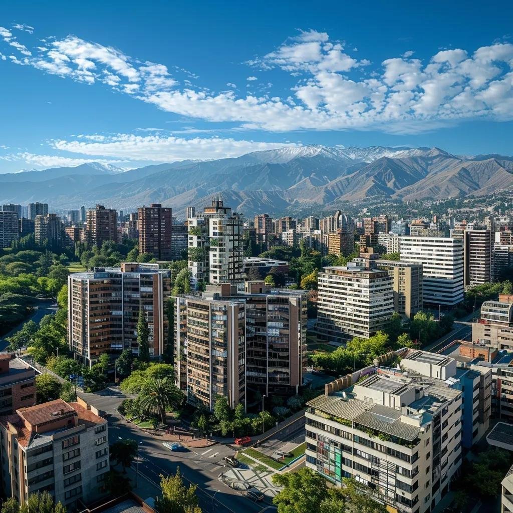 uma vista panorâmica vibrante de santiago, com prédios modernos sob um céu azul radiante e as montanhas ao fundo, transmitindo a energia dinâmica do verão chileno.