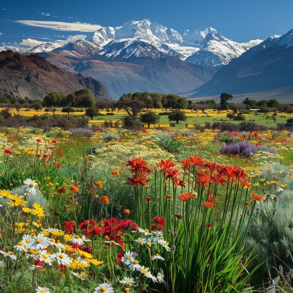 uma cena vibrante de um deslumbrante vale chileno em novembro, com flores nativas em plena floração, montanhas cobertas de neve ao fundo e um céu límpido, ideal para evocar a diversidade e a beleza das paisagens do chile.
