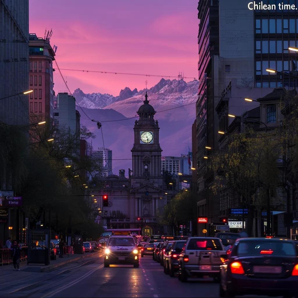um vibrante cenário urbano de santiago do chile ao entardecer, com uma grande e imponente clock visível em um prédio histórico, enquanto as montanhas dos andes se erguem ao fundo, capturando a essência do