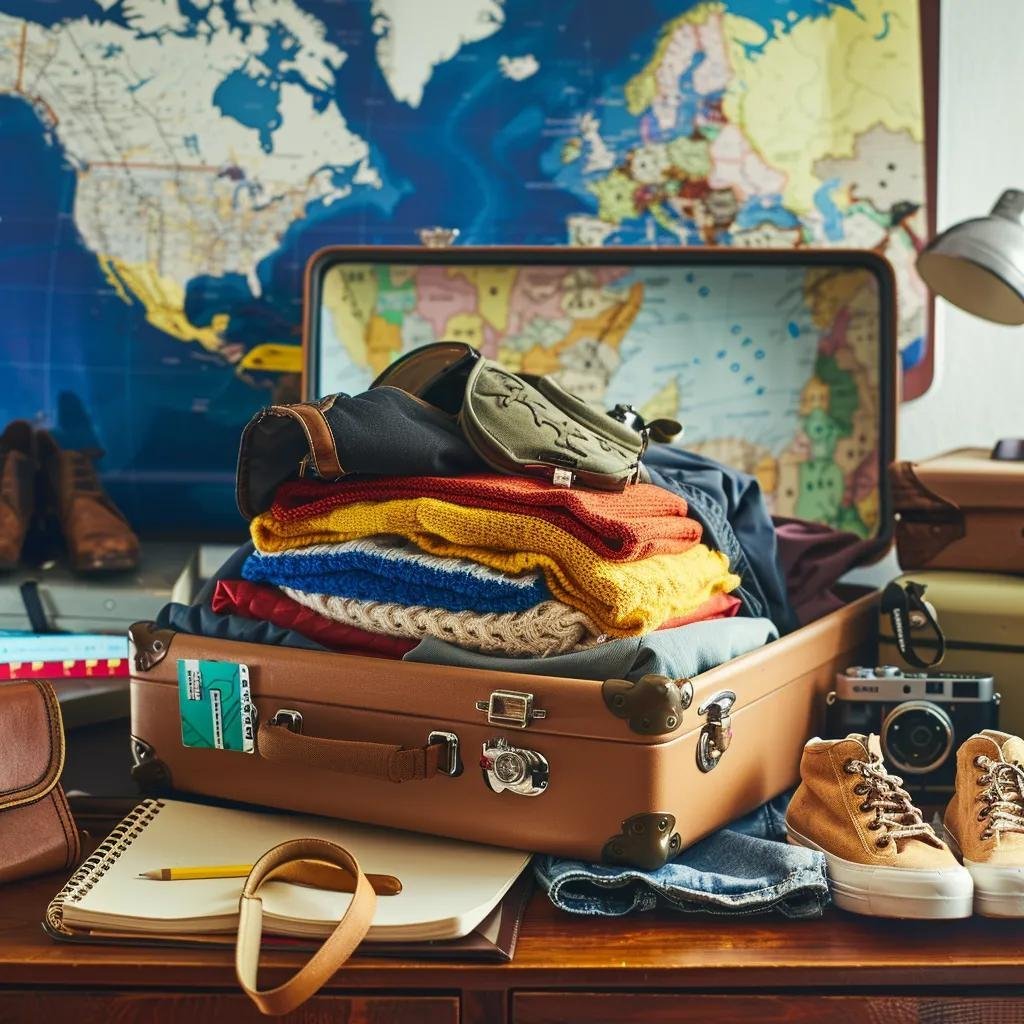 uma composição atraente de uma mala aberta cheia de roupas em camadas, acessórios de frio e itens essenciais de viagem, disposta sobre uma mesa de escritório moderna, com um mapa do chile e guias turísticos ao fundo, simbolizando a preparação prática para explorar o país em junho.