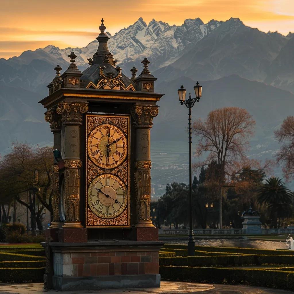 um relógio público elegante com detalhes arquitetônicos chilenos em segundo plano, contrastando com as montanhas dos andes, iluminado pela luz suave da hora dourada, simbolizando a importância de estar atento às mudanças de horário no chile.