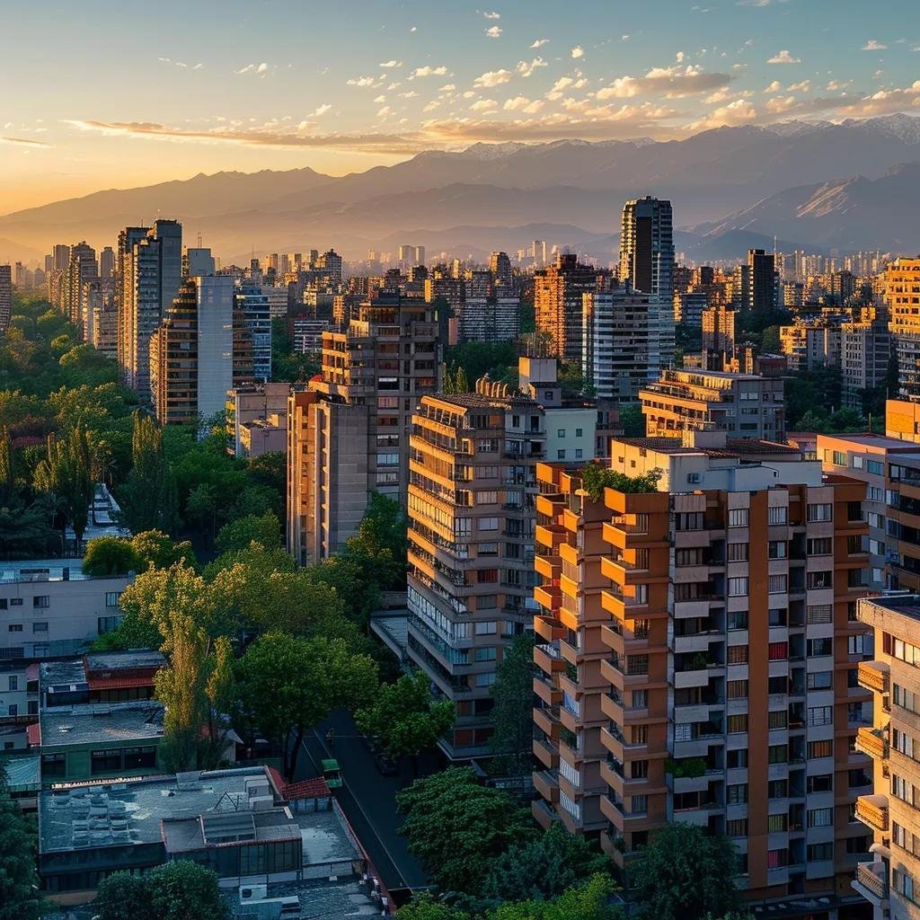uma elegante vista urbana de santiago sob a luz dourada do verão, destacando hotéis boutique e opções de hospedagem, com o céu azul ao fundo e a atmosfera vibrante que evoca a liberdade das férias.