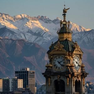 um relógio público imponente em santiago, chile, exibe claramente a hora local, com a arquitetura urbana distintiva e as majestosas montanhas dos andes ao fundo, iluminado pela suave luz dourada do final da tarde.